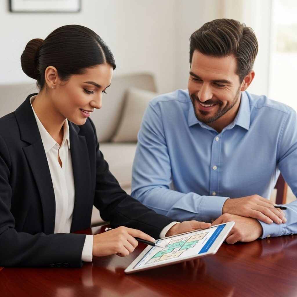 an agent and a client collaborating on a property strategy