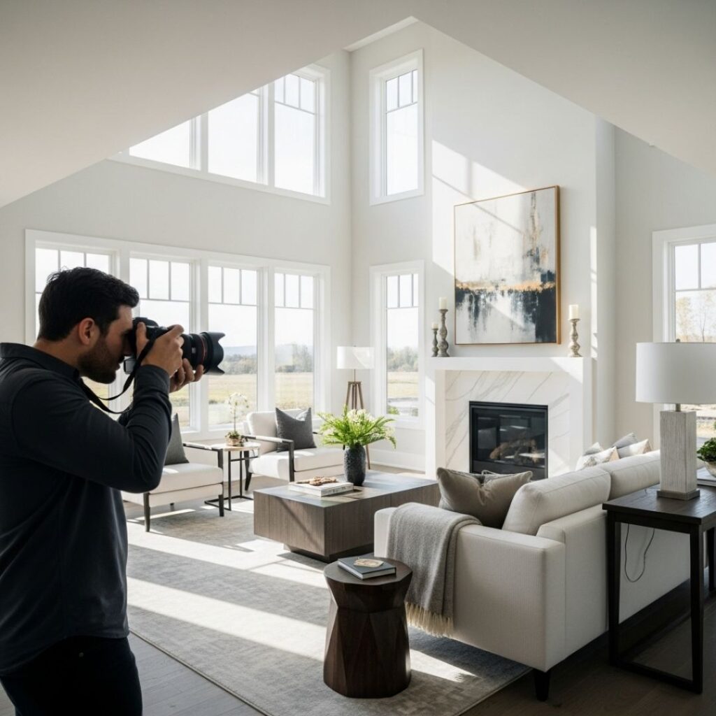 professional photography being taken of a modern living room