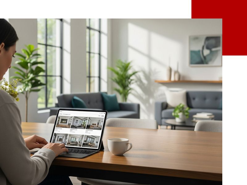 A person sits at a modern table, looking intently at a tablet that displays real estate listings.