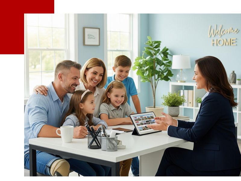 A veteran, his family, and a real estate agent are sitting at a desk in a bright office, looking at a tablet with property listings.
