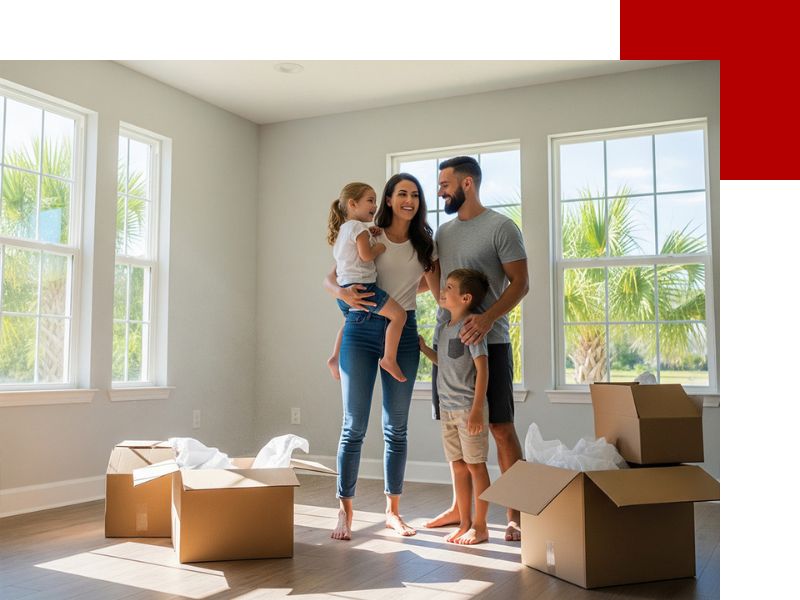 A happy family stands in the empty living room of their new home in Florida, surrounded by moving boxes.